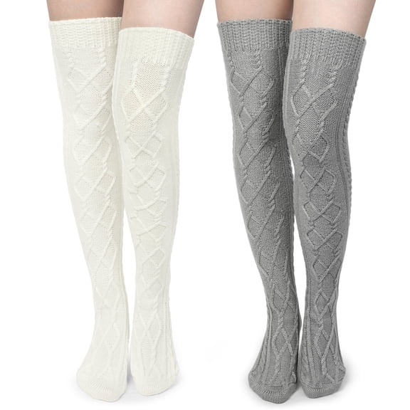 Loritta 2 Pairs Women Cable Knitted Thigh High Socks Long Winter Socks over Knee Size 6-9