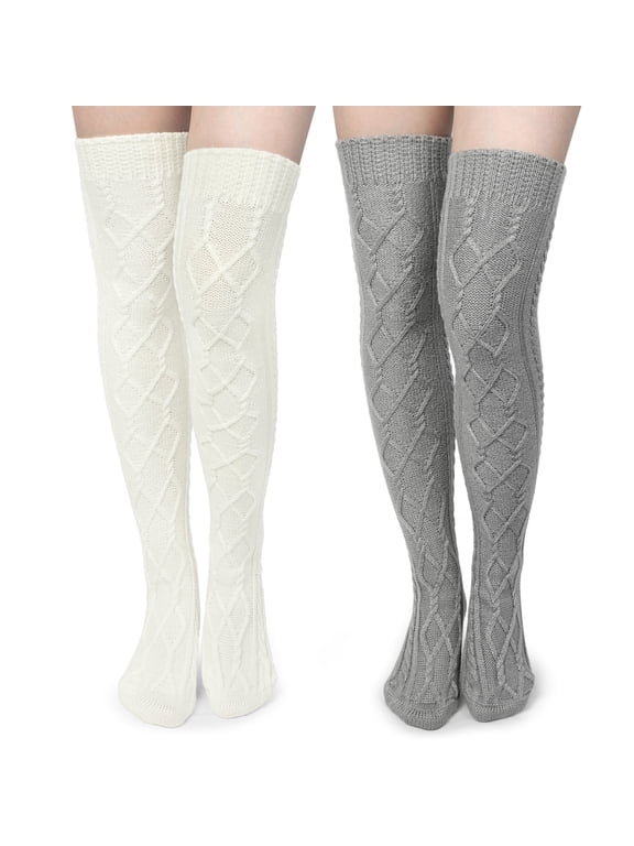 2 Pairs Women Cable Knitted Thigh High Socks Long Winter Socks over Knee Size 6-9