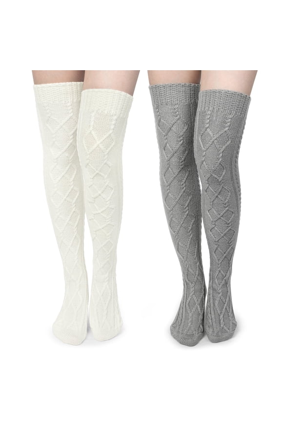 2 Pairs Women Cable Knitted Thigh High Socks Long Winter Socks over Knee Size 6-9