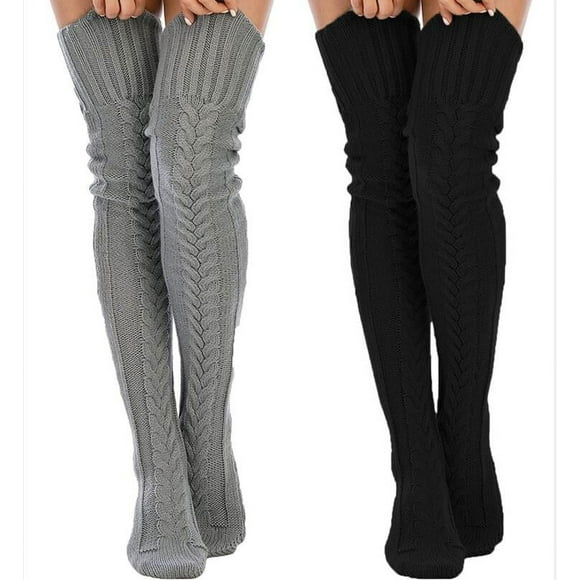 Loritta 2 Pairs Women Cable Knitted Thigh High Socks Long Winter Socks over Knee Size 6-9