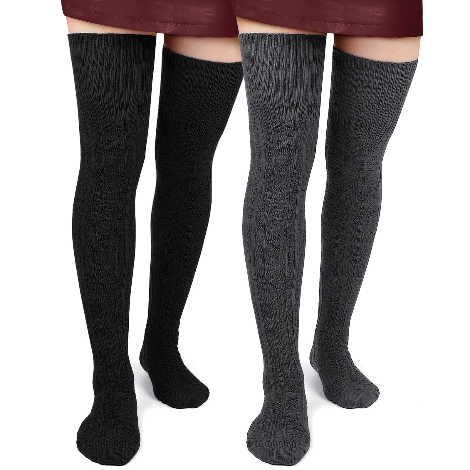 Loritta 2 Pairs Women Thigh High Socks over the Knee Warm Thick Cotton Knit Stockings Size 69