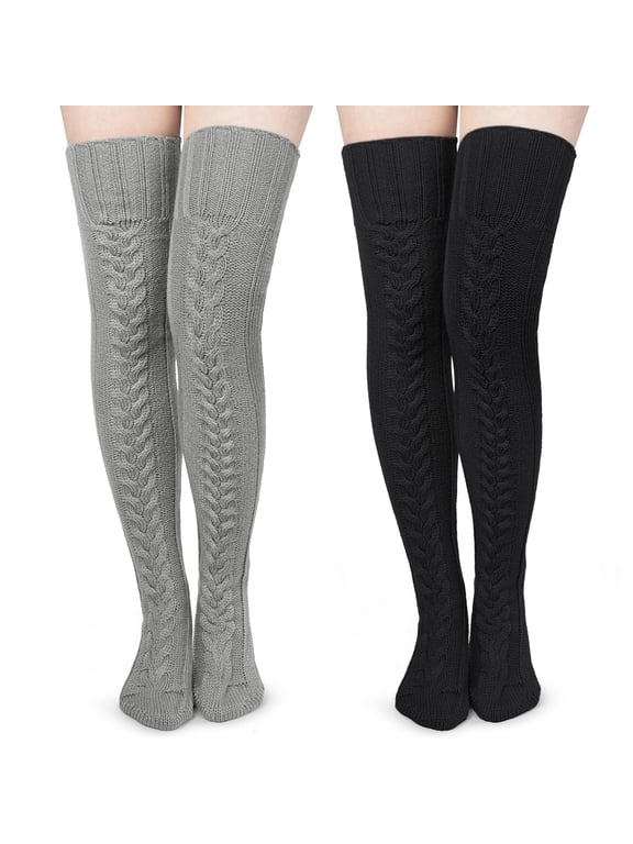 2 Pairs Womens Thigh High Cable Knitted Long Socks Winter Boot Stockings over Knee Leg Warmers Size 6-9