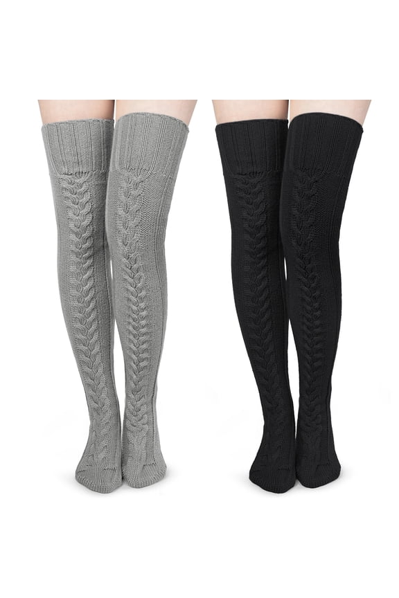 2 Pairs Womens Thigh High Cable Knitted Long Socks Winter Boot Stockings over Knee Leg Warmers Size 6-9