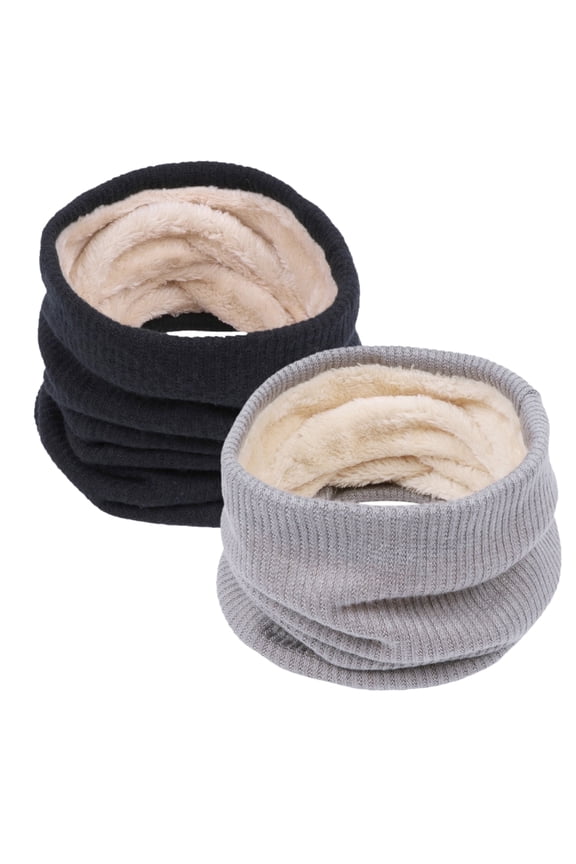 2Pcs Women's Winter Knitted Fleece Scarves Set Classic Solid Style Thickened Warm Neck Warmer Black & Gray