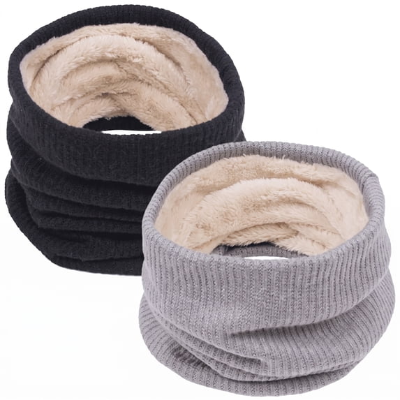 Loritta 2Pcs Women's Winter Knitted Fleece Scarves Set Classic Solid Style Thickened Warm Neck Warmer Black & Gray