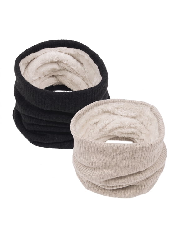 2Pcs Women's Winter Knitted Fleece Scarves Set Classic Solid Style Thickened Warm Neck Warmer Black & Khaki