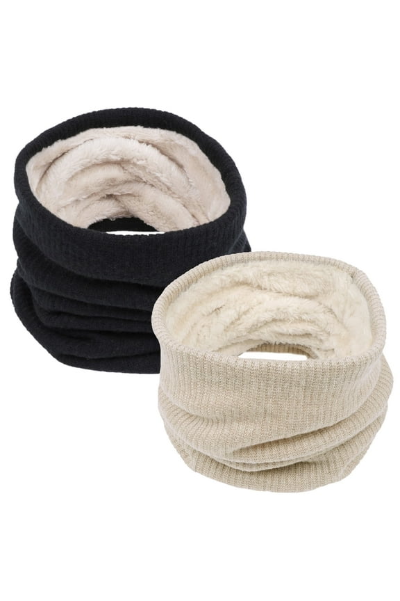 2Pcs Women's Winter Knitted Fleece Scarves Set Classic Solid Style Thickened Warm Neck Warmer Black & Khaki