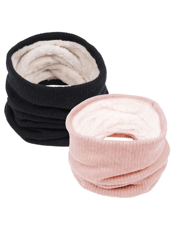 2Pcs Women's Winter Knitted Fleece Scarves Set Classic Solid Style Thickened Warm Neck Warmer Black & Pink