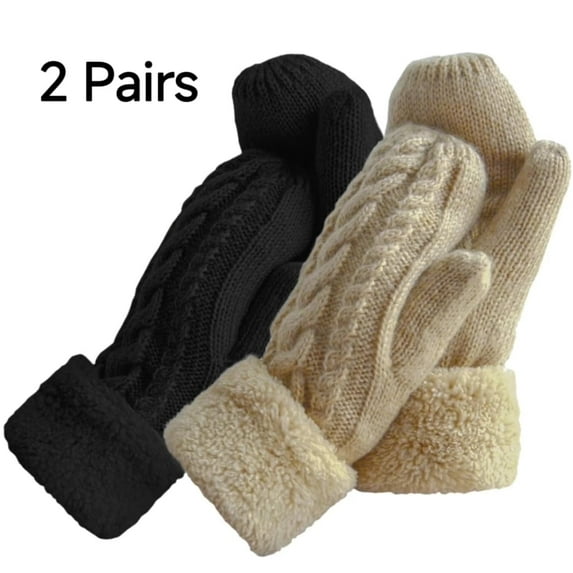 Loritta 2Pcs Winter Gloves for Women Warm Lining Cozy Knit Thick Mitten Black and Beige