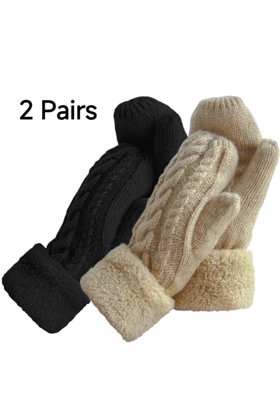 2Pcs Winter Gloves for Women Warm Lining Cozy Knit Thick Mitten Black and Beige