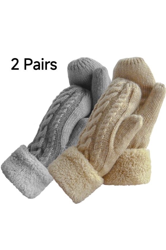 2Pcs Winter Gloves for Women Warm Lining Cozy Knit Thick Mitten Beige and Gray
