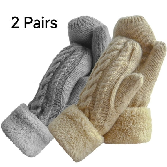 Loritta 2Pcs Winter Gloves for Women Warm Lining Cozy Knit Thick Mitten Beige and Gray