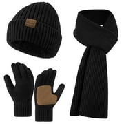 LORITTA 3 Pcs Beanie Hat Long Scarf No-Slip Touch Screen Gloves for Men Women, Black