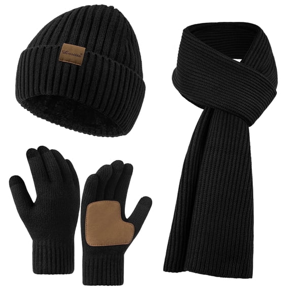 Loritta 3 Pcs Beanie Hat Long Scarf No-Slip Touch Screen Gloves for Men Women, Black