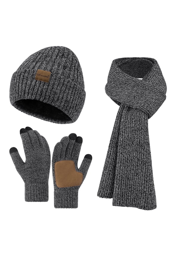 3 Pcs Beanie Hat Long Scarf No-Slip Touch Screen Gloves for Men Women , Dark Gary