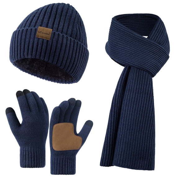 Loritta 3 Pcs Beanie Hat Long Scarf No-Slip Touch Screen Gloves for Men Women , Navy Blue