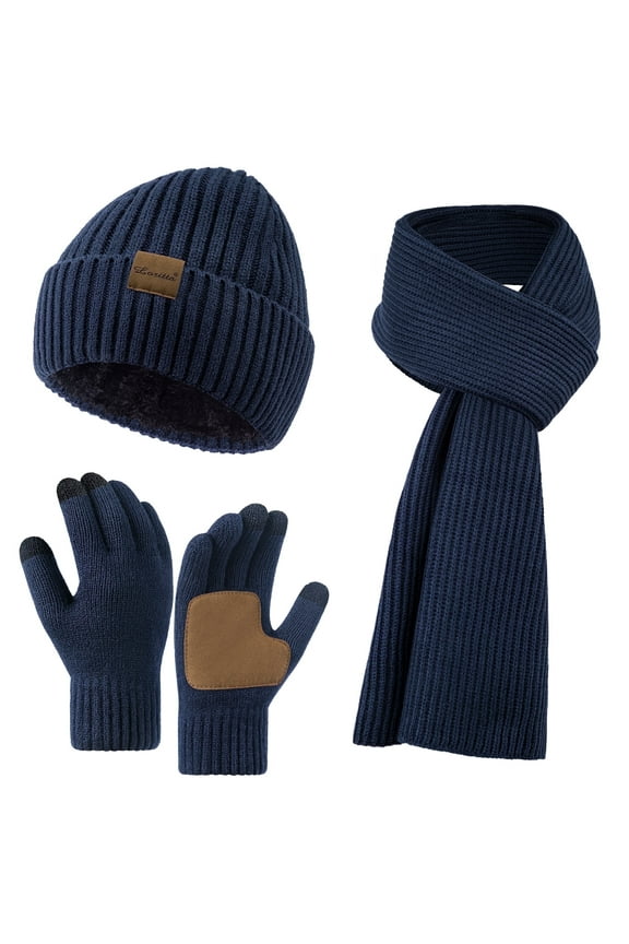 3 Pcs Beanie Hat Long Scarf No-Slip Touch Screen Gloves for Men Women , Navy Blue
