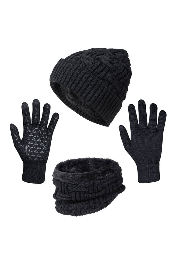 3 Pcs Men Winter Beanie Hat Casual Scarf and Touch Screen Gloves Set for Men