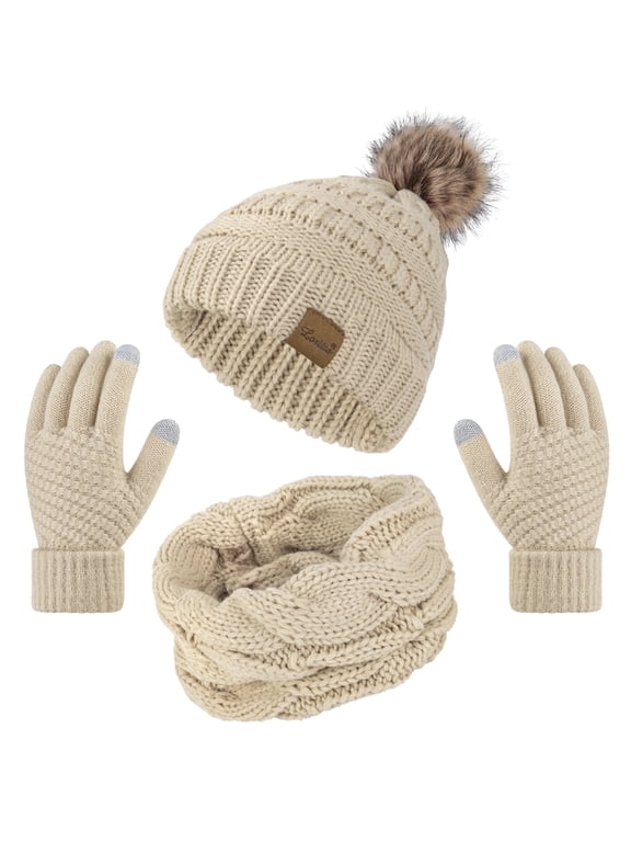 3 Pcs Women Winter Hat and Gloves Sets, Beanies Knit Classic Neck Warmer and Touchscreen Gloves Beige