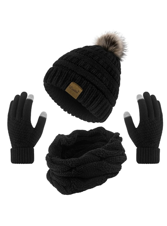 3 Pcs Women Winter Hat and Gloves Sets, Beanies Knit Classic Neck Warmer and Touchscreen Gloves Black