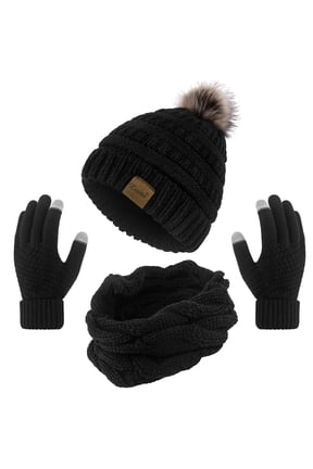 3 Pcs Women Winter Hat and Gloves Sets, Beanies Knit Classic Neck Warmer and Touchscreen Gloves Black