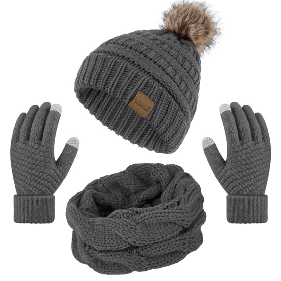 Loritta 3 Pcs Women Winter Hat and Gloves Sets, Beanies Knit Classic Neck Warmer and Touchscreen Gloves Gray