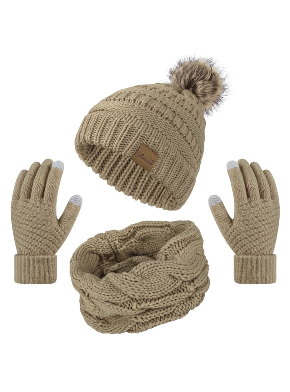 3 Pcs Women Winter Hat and Gloves Sets, Knit Classic Long Scarf Warmer Accessories Khaki