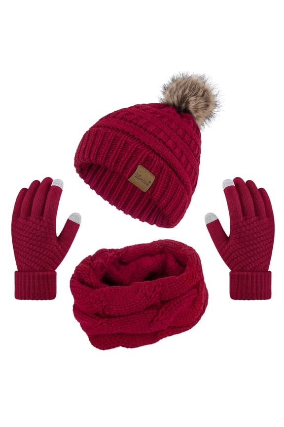 3 Pcs Women Winter Hat and Gloves Sets, Knit Classic Long Scarf Warmer Accessories Red