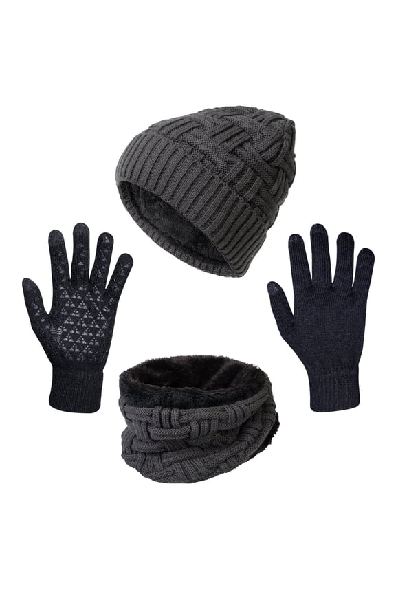 3 Pcs Men Winter Soft Beanie Hat Touchscreen Gloves Set, Casual Scarf Hat for Men