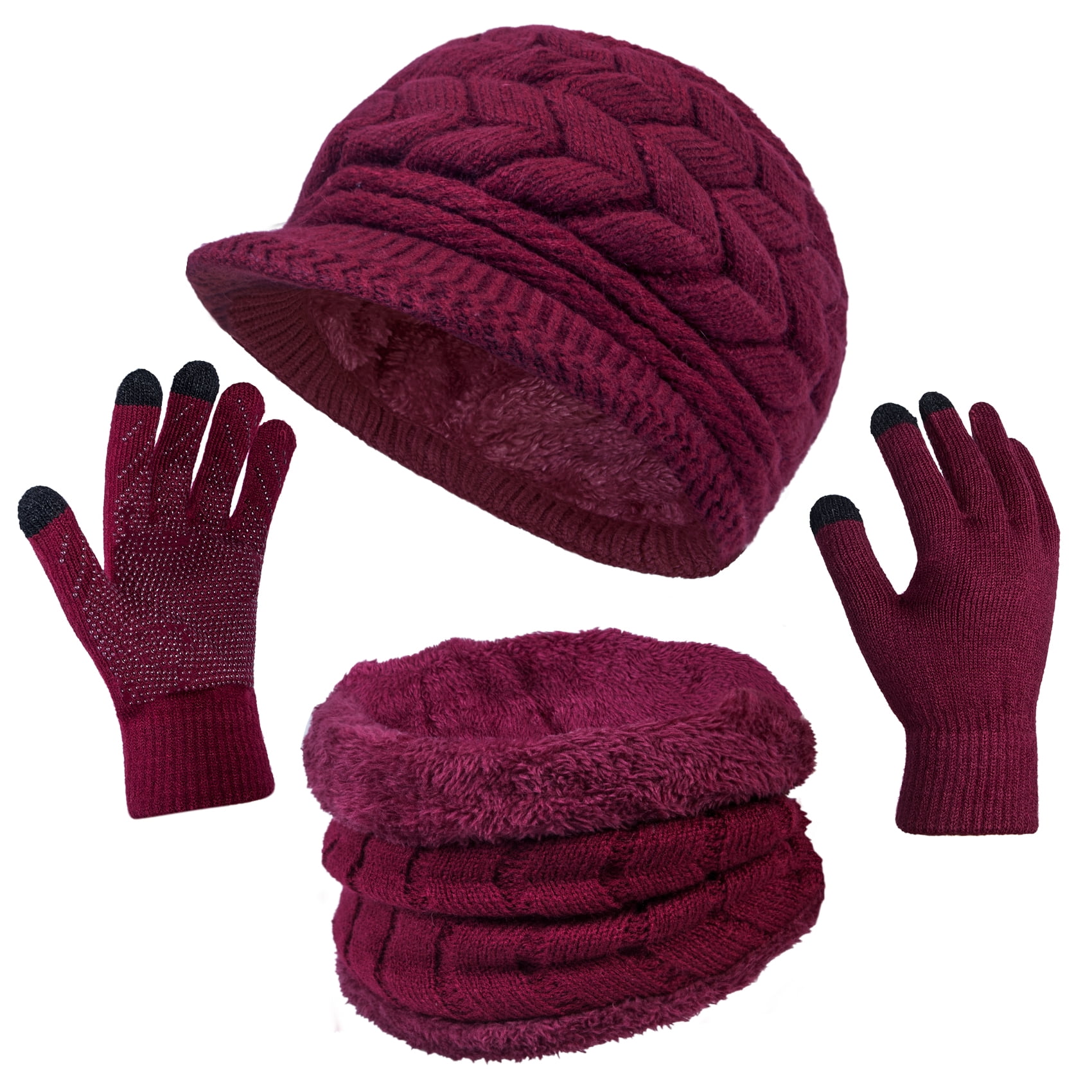 Loritta 3 Pieces Women Winter Hat Scarf Set, Knit Beanie Neck Warmer  Touchscreen Mittens