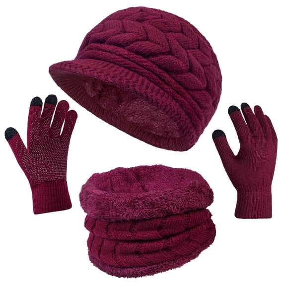 Loritta 3 Pieces Women Winter Hat Scarf Set, Knit Beanie Neck Warmer Touchscreen Mittens