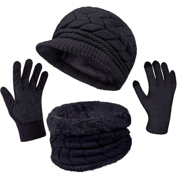Loritta 3 Pieces Women Winter Hat Scarf Set, Knit Beanie Neck Warmer Touchscreen Mittens