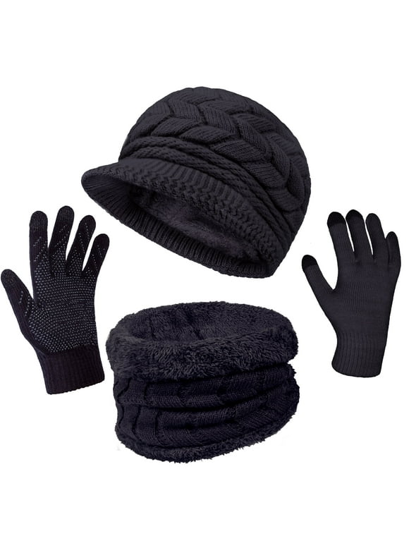 3 Pieces Women Winter Hat Scarf Set, Knit Beanie Neck Warmer Touchscreen Mittens