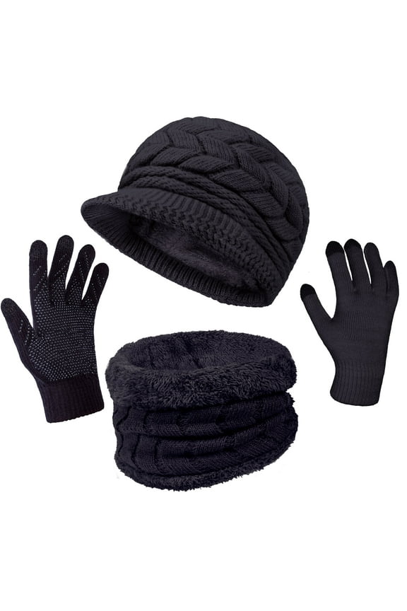 3 Pieces Women Winter Hat Scarf Set, Knit Beanie Neck Warmer Touchscreen Mittens