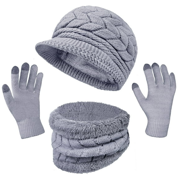 Loritta 3 Pieces Women Winter Hat Scarf Set, Knit Beanie Neck Warmer Touchscreen Mittens