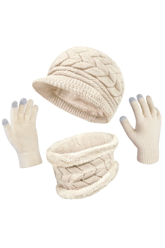 3 Pieces Women Winter Hat Scarf Set, Knit Beanie Neck Warmer Touchscreen Mittens