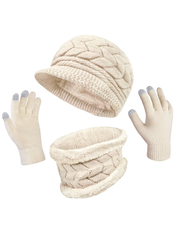 3 Pieces Women Winter Hat Scarf Set, Knit Beanie Neck Warmer Touchscreen Mittens