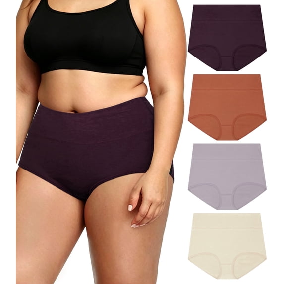Loritta 4-Pack Plus Size High Waisted Underwear, Soft Cotton Stretch Panties, Full Coverage No Roll Down Briefs , XL-5XL