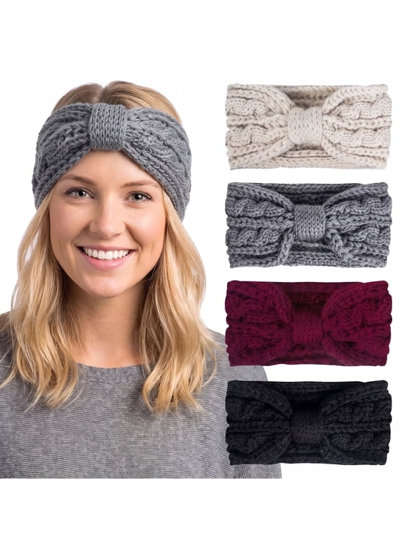 4 Packs Winter Headbands for Women Knitted Ear Warmer Headband Crochet Bow Twist Head Wraps