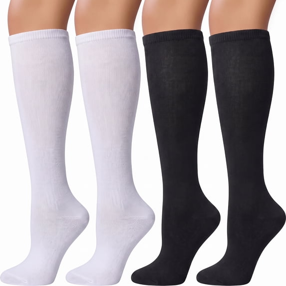Loritta 4 Pairs Womens Knee High Socks, Casual Cotton Uniform Long Socks for Girls, Basic Color