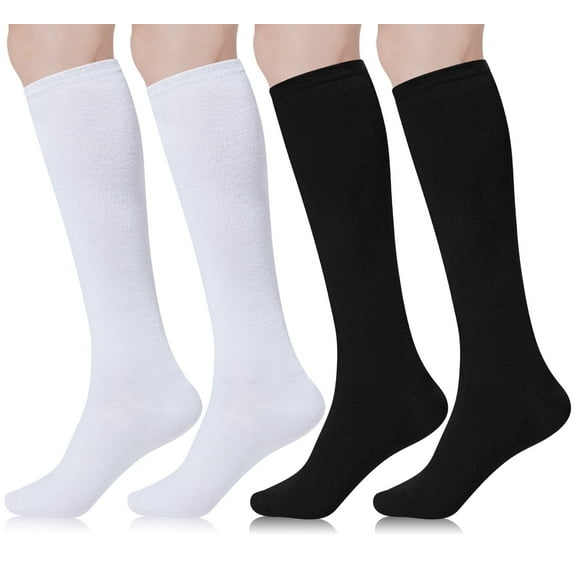 Loritta 4 Pairs Womens Knee High Socks, Casual Solid Knit Knee Thigh High Stockings, Black and White