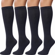 4 Pairs Womens Knee High Socks, Casual Cotton Uniform Long Socks for Girls, Black