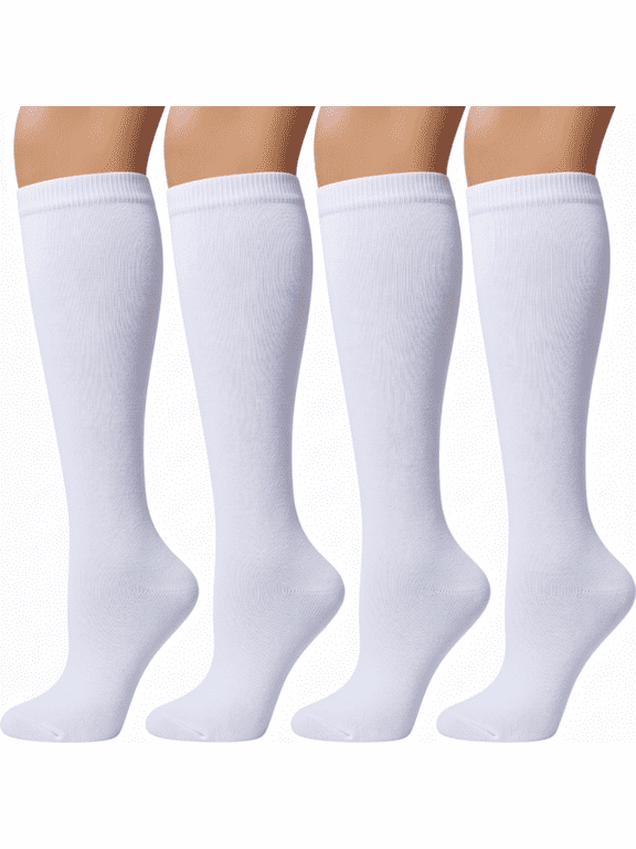 4 Pairs Womens Knee High Socks, Casual Cotton Uniform Long Socks for Girls, White