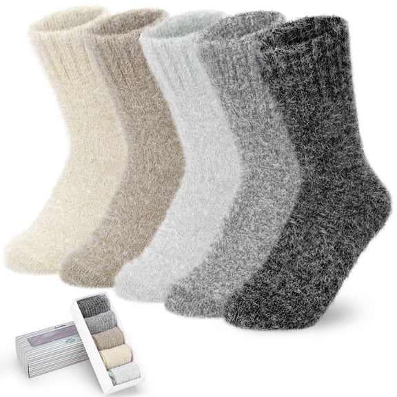 Loritta 5 Pairs Fuzzy Socks for Women, Ultra Soft Cozy Winter Warm Mink Socks with Gift Box, Size 6-10