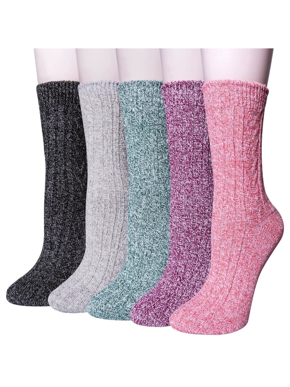 Wool Socks for Women, 5 Pairs Thermal Crew Winter Boot Socks, Shoe Size 5-9