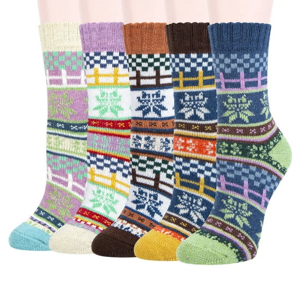 Loritta 5 Pairs Wool Socks for Women Warm Ethnic Thick Knit Thermal Crew Winter Warm Socks