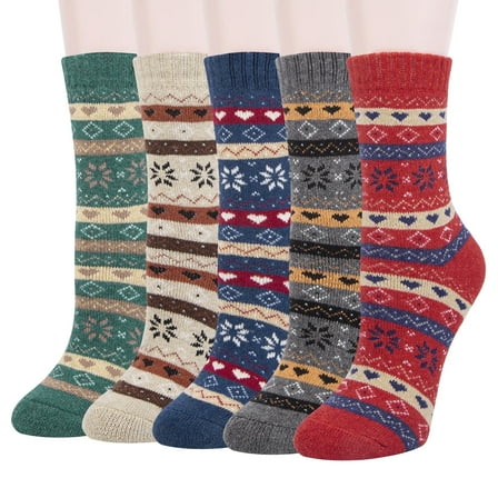 Loritta 5 Pairs Wool Socks for Women Warm Knit Ethnic Thick Thermal Crew Winter Warm Socks