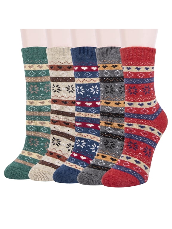 Wool Socks for Women, 5 Pairs Thermal Crew Winter Boot Socks, Shoe Size 5-9