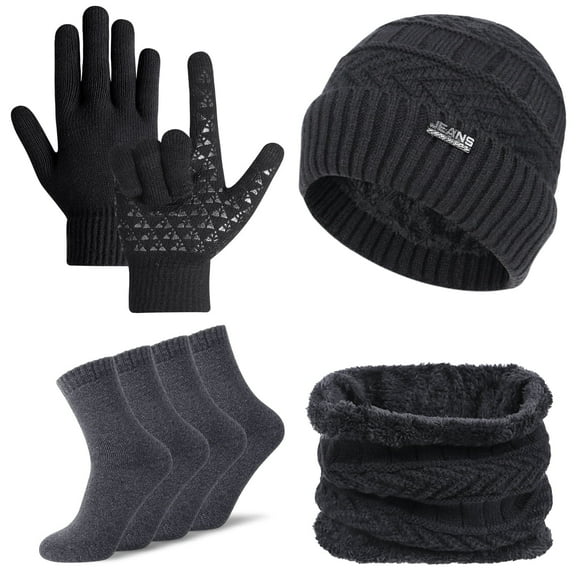 Loritta 5 Pcs Winter Beanie Hat Scarf Touchscreen Gloves Set with Wool Socks for Men Women Black