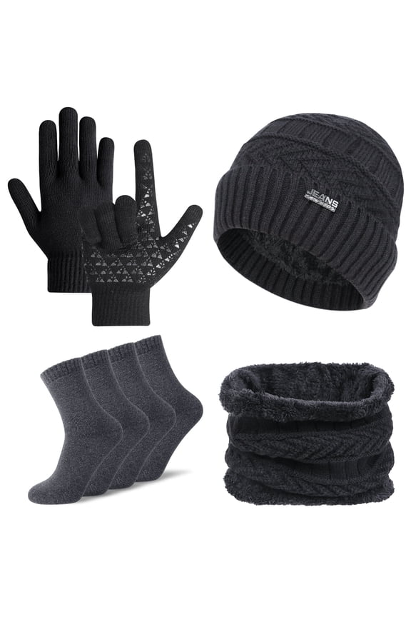 5 Pcs Winter Beanie Hat Scarf Touchscreen Gloves Set with Wool Socks for Men Women Black